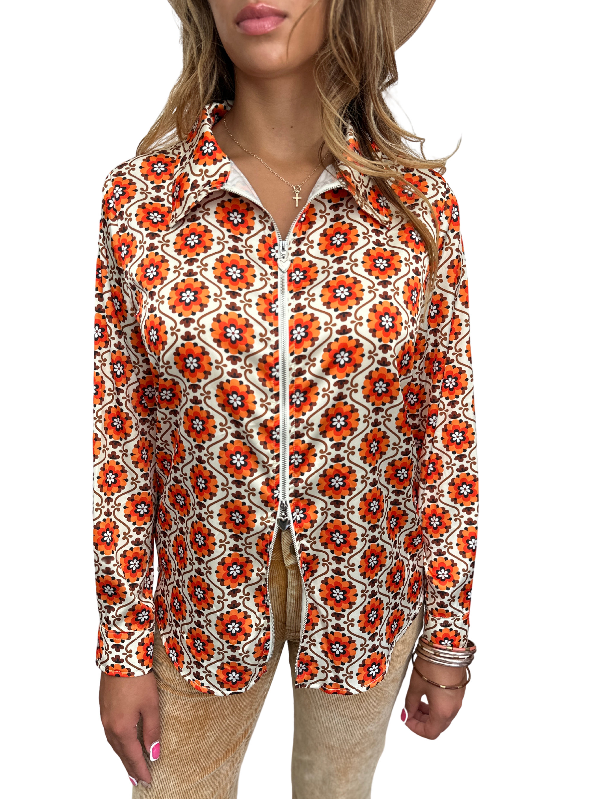 Going To California Large Poppy Flower Zipper Front Blouse~ PREORDER 11/15