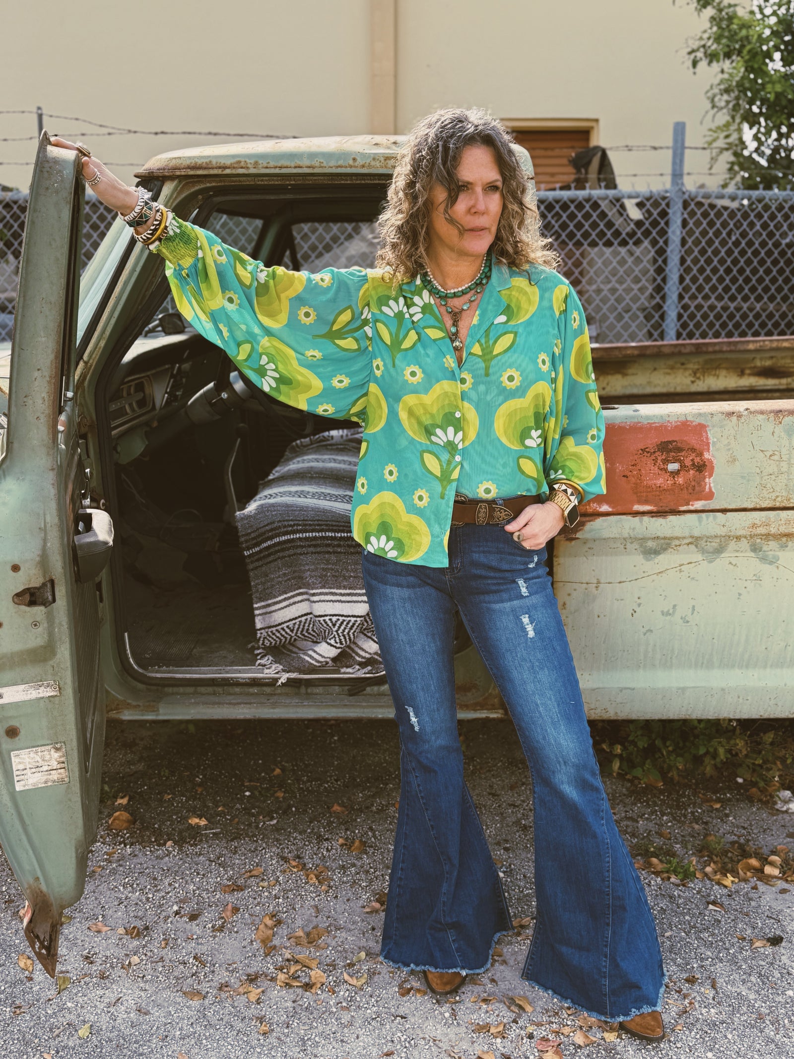 Casa Dega Mesh Balloon Sleeve Button Up Blouse