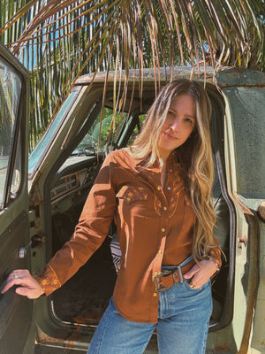 PREORDER John Wayne Western Pearl Snap Button Up Top In Brown PREORDER MARCH/APRIL 2026