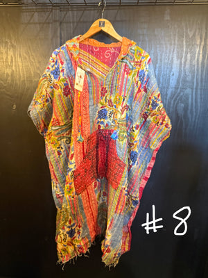 Eyes Of The World Handmade Reversible Kantha Quilt Poncho with Hoodie
