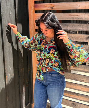 PREORDER Texas Hold 'Em Retro Comic Cowgirl Button Up Mesh Blouse JULY/AUGUST 2026 PREORDER