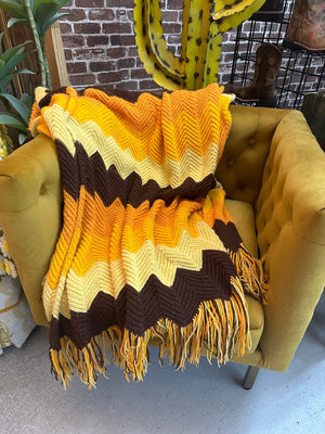 Vintage Grandmother's Handmade Crochet Afghan ~ Yellow/Brown/Orange Mix Zig Zag Chevron Stripe