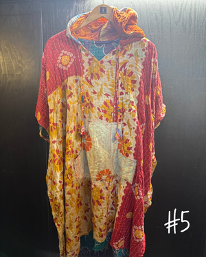 Eyes Of The World Handmade Reversible Kantha Quilt Poncho with Hoodie