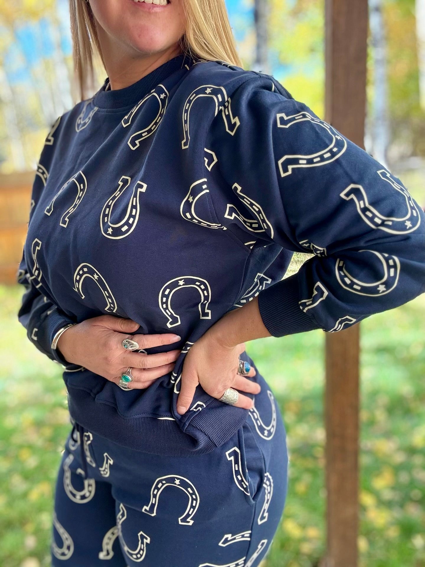 JIMWAG SHUGOSHIN sweat ネイビー Lucky Lounger Horseshoe Print Sweat Set - Lil Bee's Bohemian