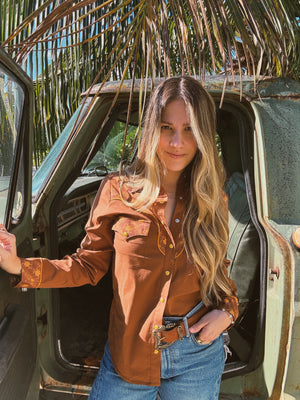 PREORDER John Wayne Western Pearl Snap Button Up Top In Brown PREORDER MARCH/APRIL 2026