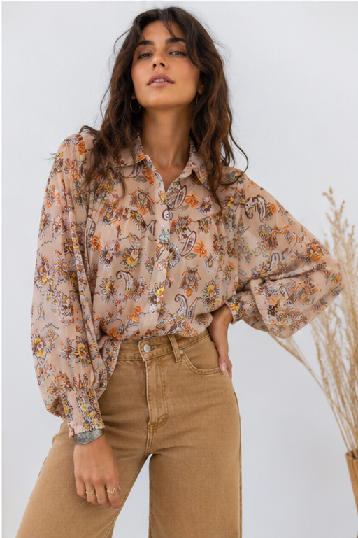 Always On My Mind Taupe Paisley Yoke Blouse