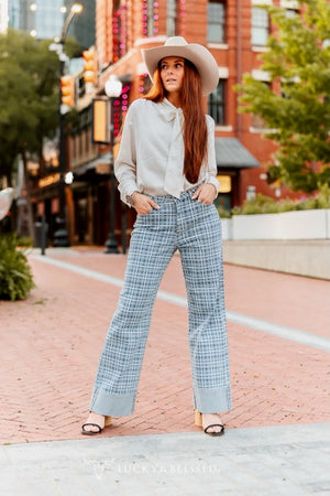 Check Yes Or No Plaid Printed Denim Cuffed Jeans
