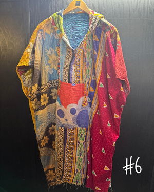 Eyes Of The World Handmade Reversible Kantha Quilt Poncho with Hoodie