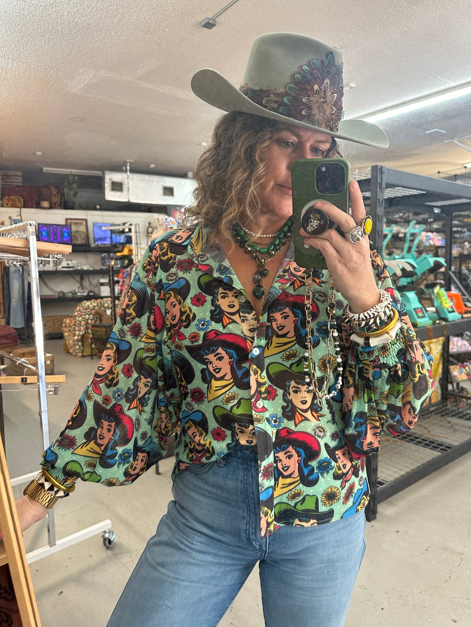 Texas Hold 'Em Retro Comic Cowgirl Button Up Mesh Blouse