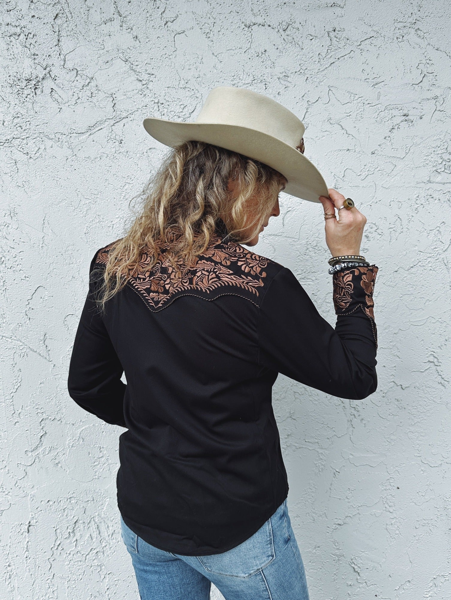 The Closer You Get Embroidered Floral Pearl Snap Button Up Blouse (DS)