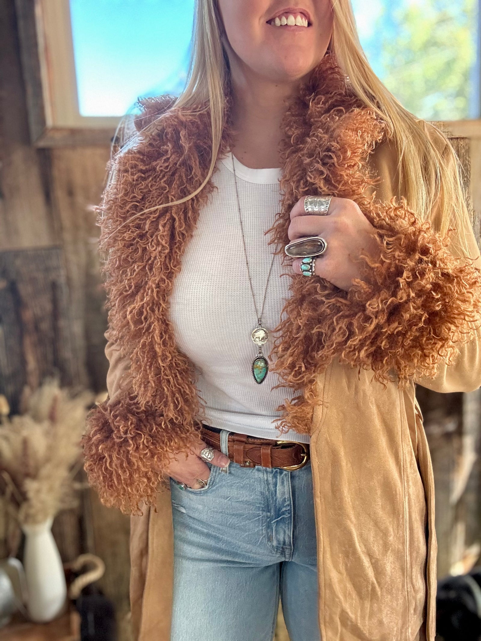 Penny Lane Almost Famous Shaggy Fur Trim Suede Jacket