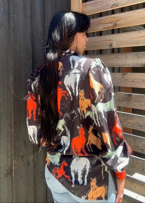 Off To The Races Horse Print Blouse - Black - PREORDER JULY/AUGUST 2026