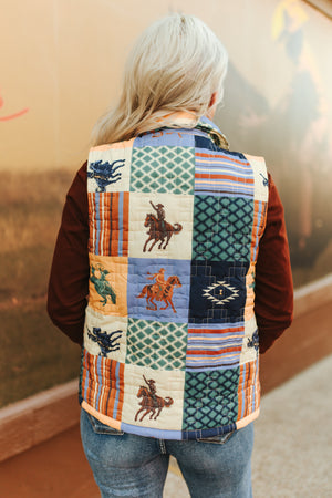 Saddle Up Patchwork Cowboy Printed Quilted Vest