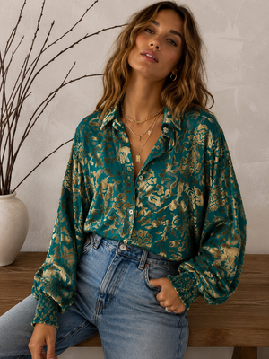After Midnight Burnout Velvet Mesh Balloon Sleeve Button Up Blouse - PREORDER JULY/AUGUST 2026
