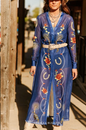Bad Obsession Rose & Spur Mesh Button Down Maxi Dress Overlay &/or Duster Cardigan