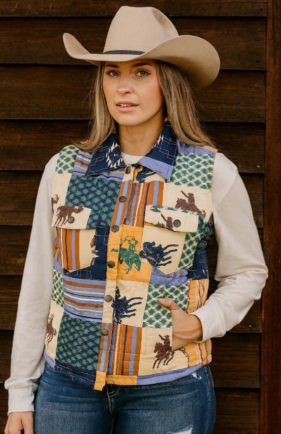 Saddle Up Patchwork Cowboy Printed Quilted Vest - Lil Bee's