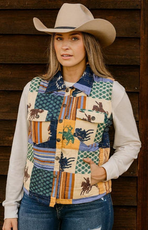 Saddle Up Patchwork Cowboy Printed Quilted Vest