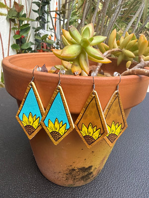Sun Chaser Painted Sunflower Leather Dangle Earrings