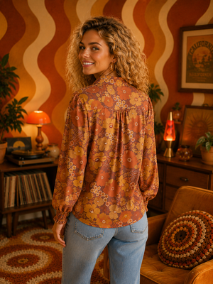 All The Leaves Are Brown Retro Floral Button Up Mesh Blouse - PREORDER 9/18