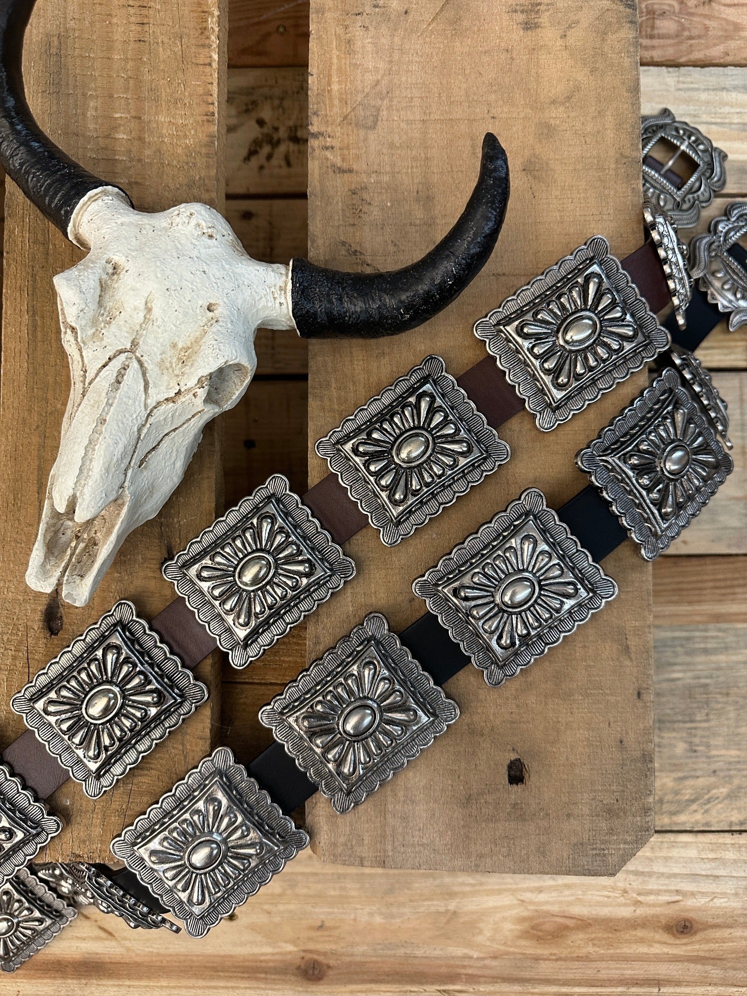 Miss Clementine Antique Style Etched Silver Square Concho Belt