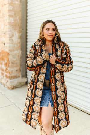 Prairie Fire Aztec Printed Long Quilted Jacket