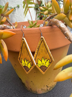 Sun Chaser Painted Sunflower Leather Dangle Earrings