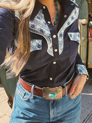 PREORDER John Wayne Western Pearl Snap Button Up Top In Denim Blue PREORDER MARCH/APRIL 2026