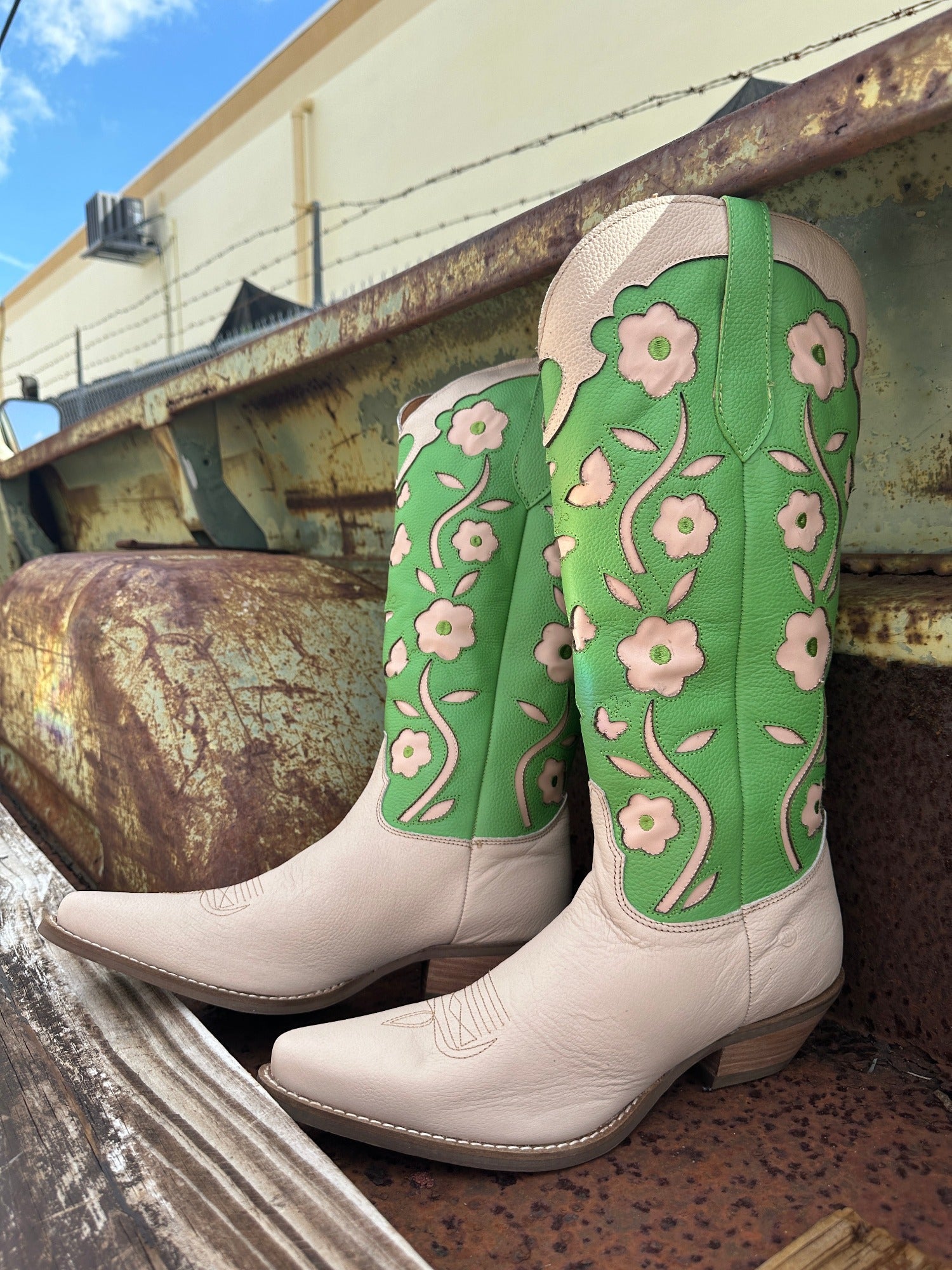 Goodness Gracious Mint Green/Sand Retro Floral & Butterfly Leather Knee High Boots (DS)