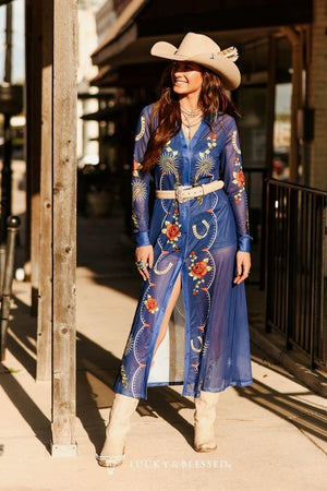 Bad Obsession Rose & Spur Mesh Button Down Maxi Dress Overlay &/or Duster Cardigan
