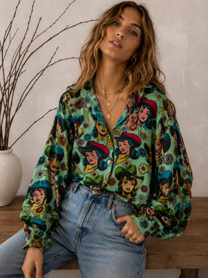 PREORDER Texas Hold 'Em Retro Comic Cowgirl Button Up Mesh Blouse JULY/AUGUST 2026 PREORDER