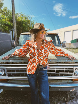 Going To California Large Poppy Flower Pouf Sleeve Button Up Blouse