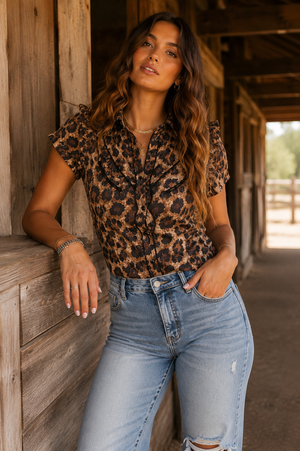 Wild One Leopard Print Satin Puff Sleeve Blouse