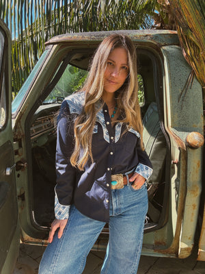 PREORDER John Wayne Western Pearl Snap Button Up Top In Denim Blue PREORDER MARCH/APRIL 2026