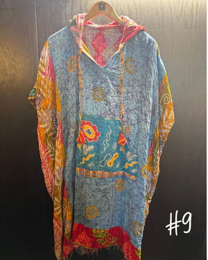 Eyes Of The World Handmade Reversible Kantha Quilt Poncho with Hoodie