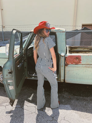 Railroad Blues Stripped Denim Jumpsuit