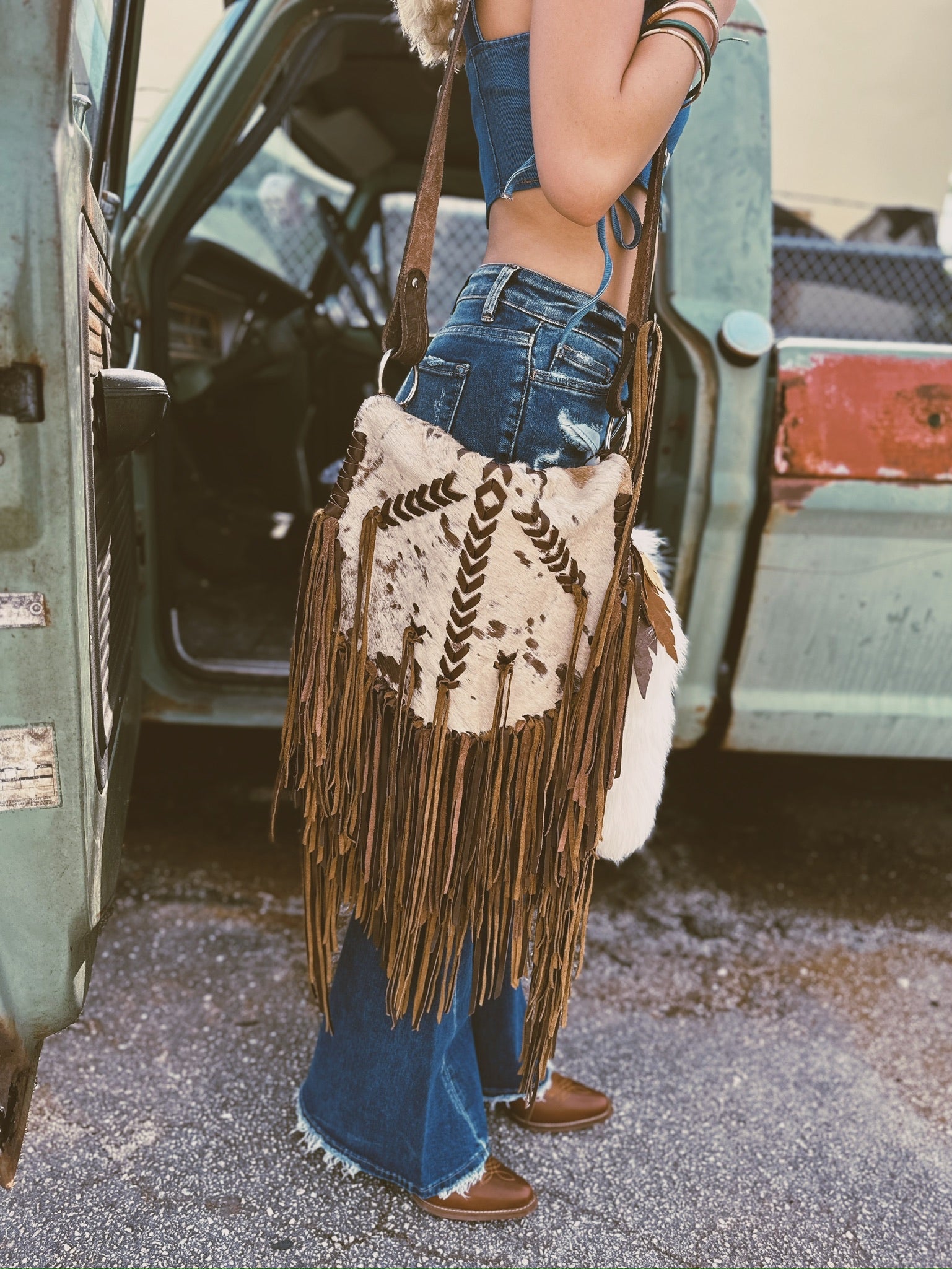 Whiskey Lee Designs Custom Hair On Hide Fringe Large Shoulder &/or Cross Body Bag w/ Never Ending Threads Fox Tail ~ Queen Bee's Closet Tab