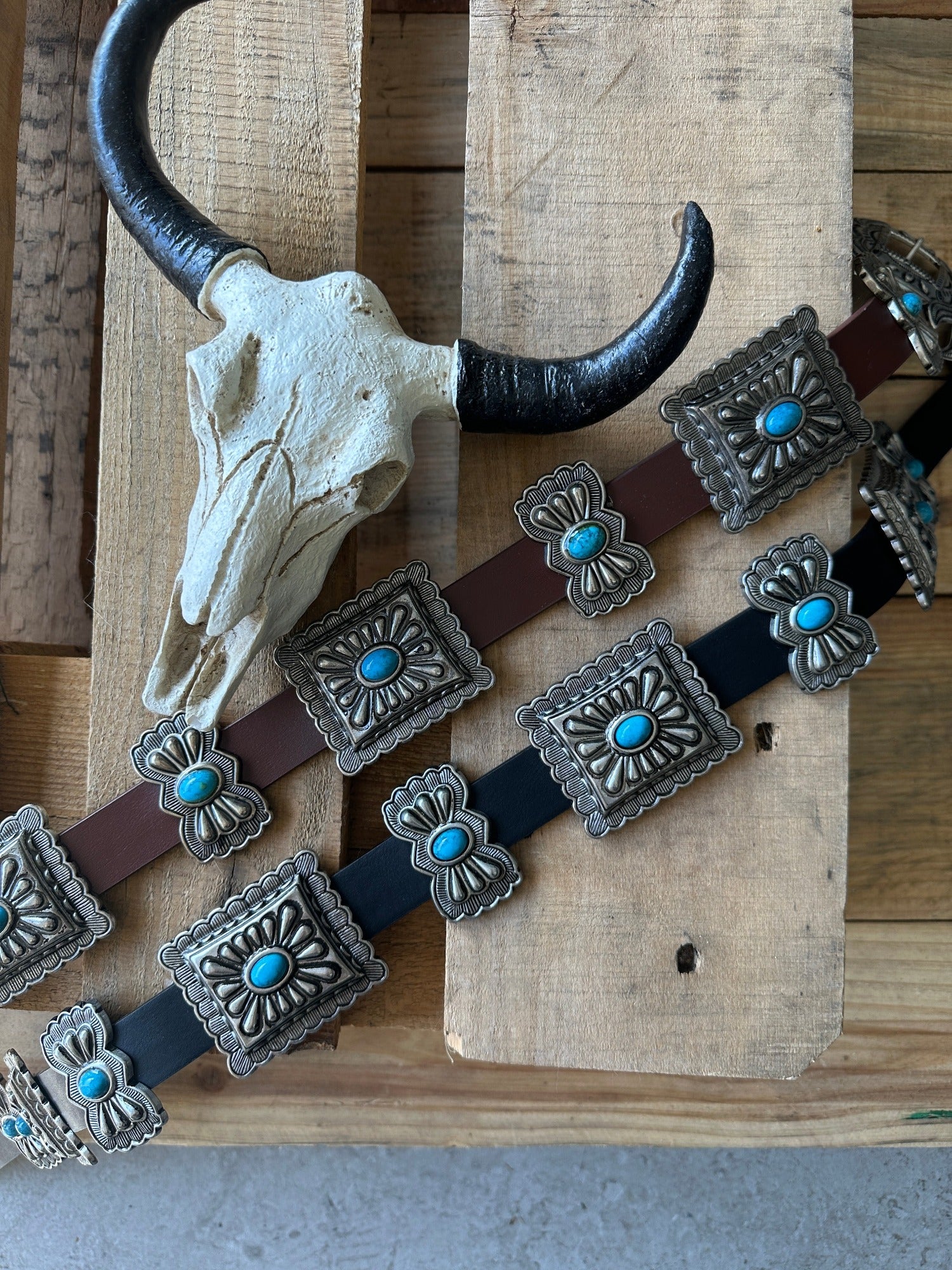 Bravado Antique Style Etched Silver Square Turquoise Stone Concho Belt