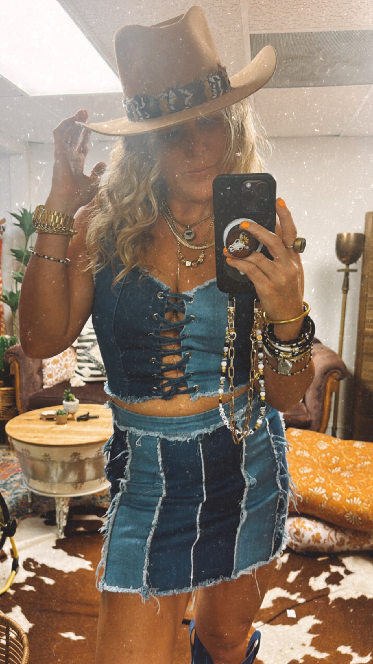 Torn Denim Patchwork Mini Skirt Set