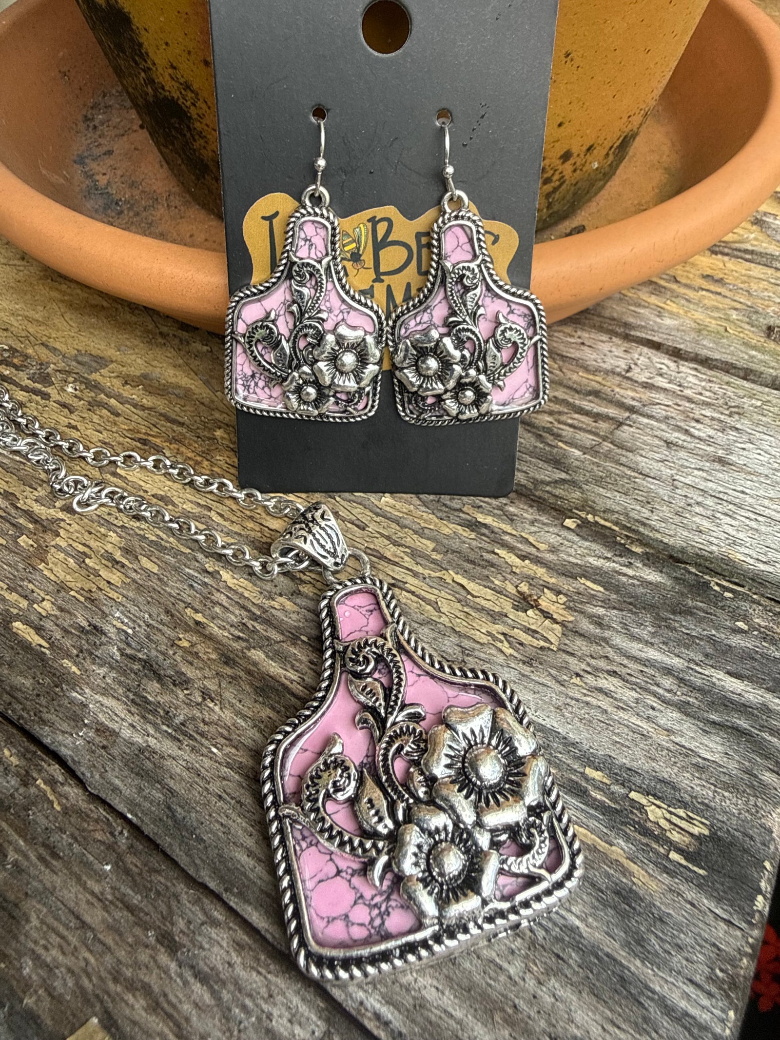 Wild Rose Whimsy Cow Tag Dangle Earring & Necklace Set