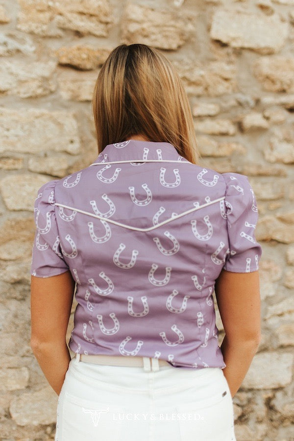 Lucky Charm Lavender Horse Shoe Printed Puff Sleeve Blouse