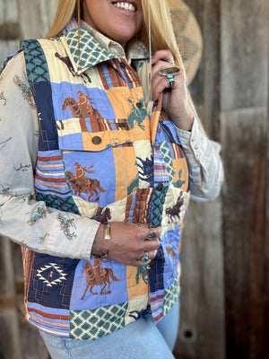 Saddle Up Patchwork Cowboy Printed Quilted Vest