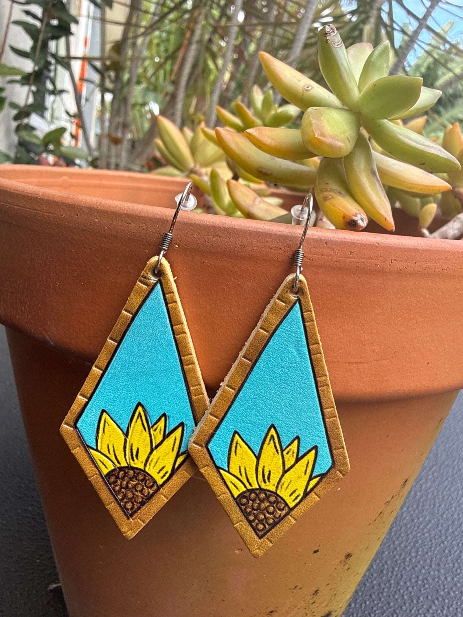Sun Chaser Painted Sunflower Leather Dangle Earrings