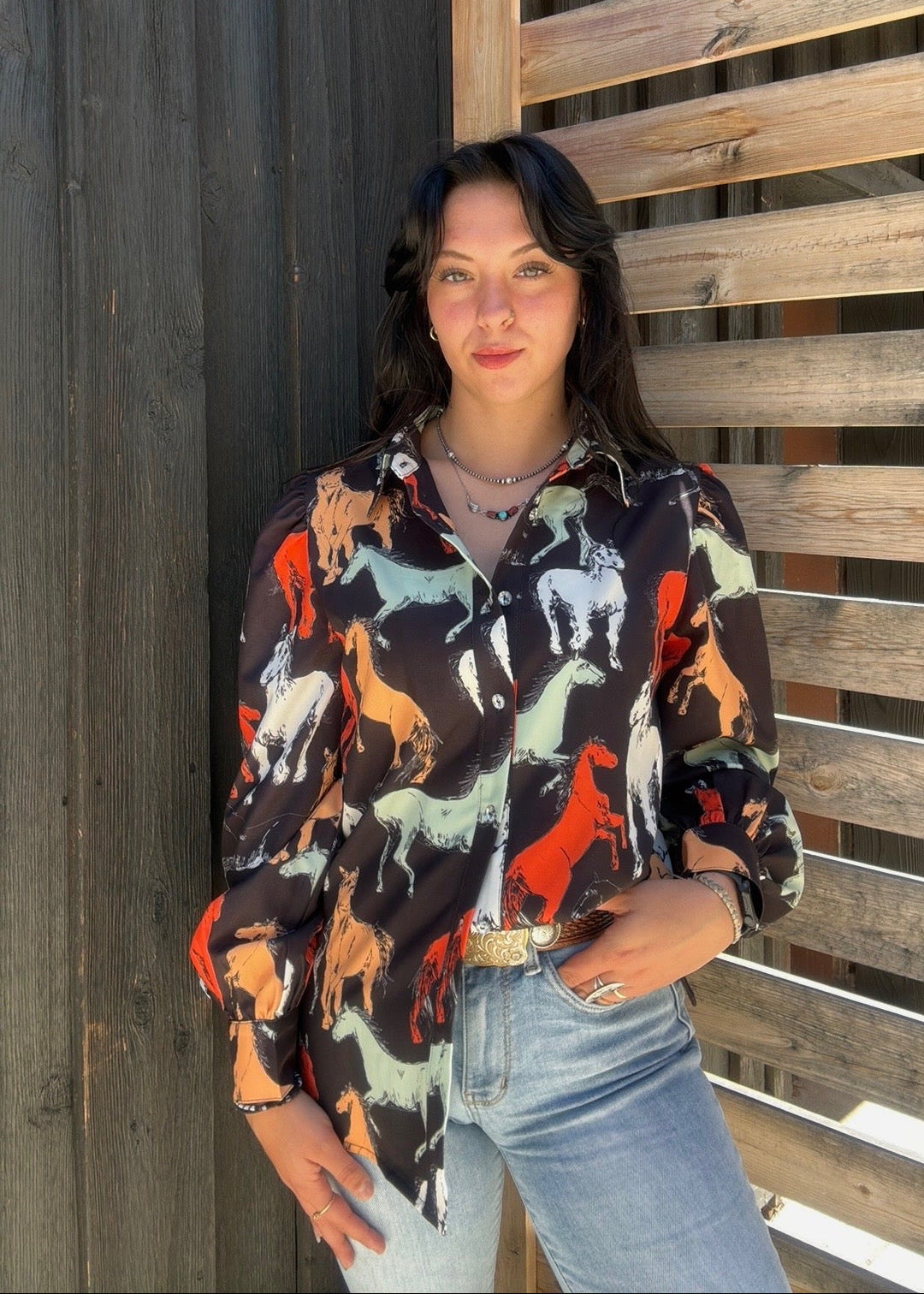 Off To The Races Horse Print Blouse - Black - PREORDER JULY/AUGUST 2026