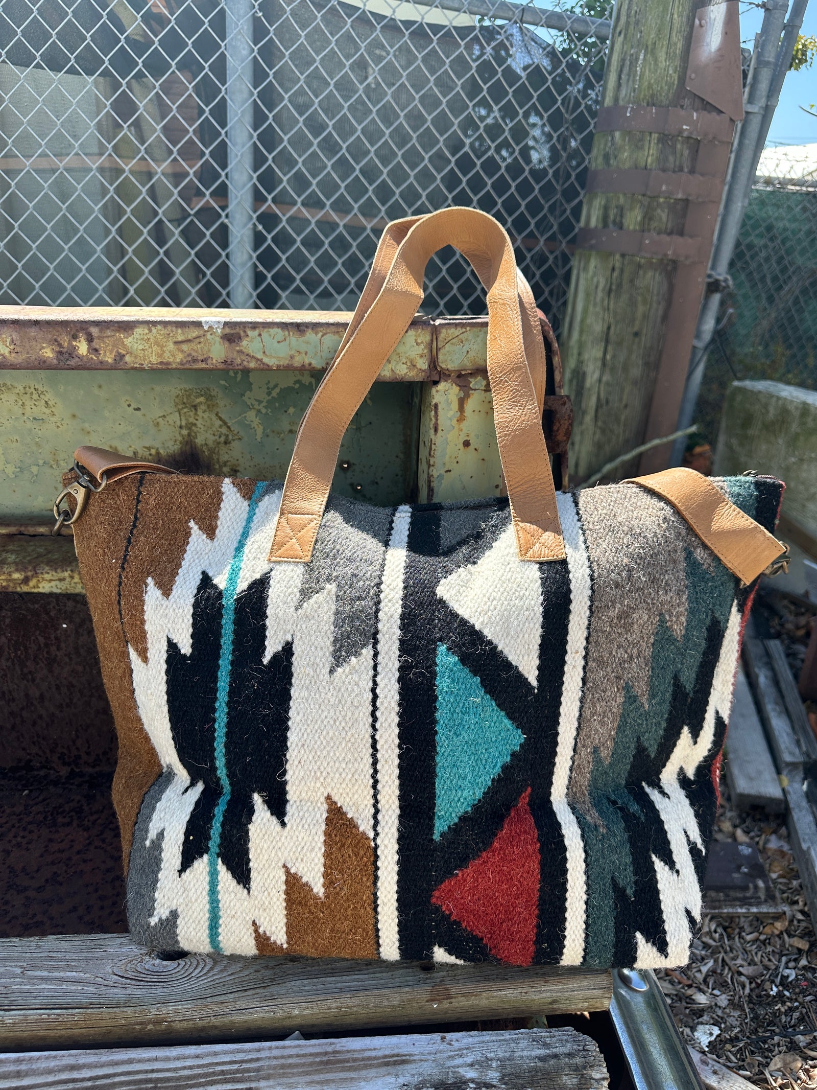 Santa Fe Bound Aztec Print Woven Saddle Blanket Tote Style Weekender Bag