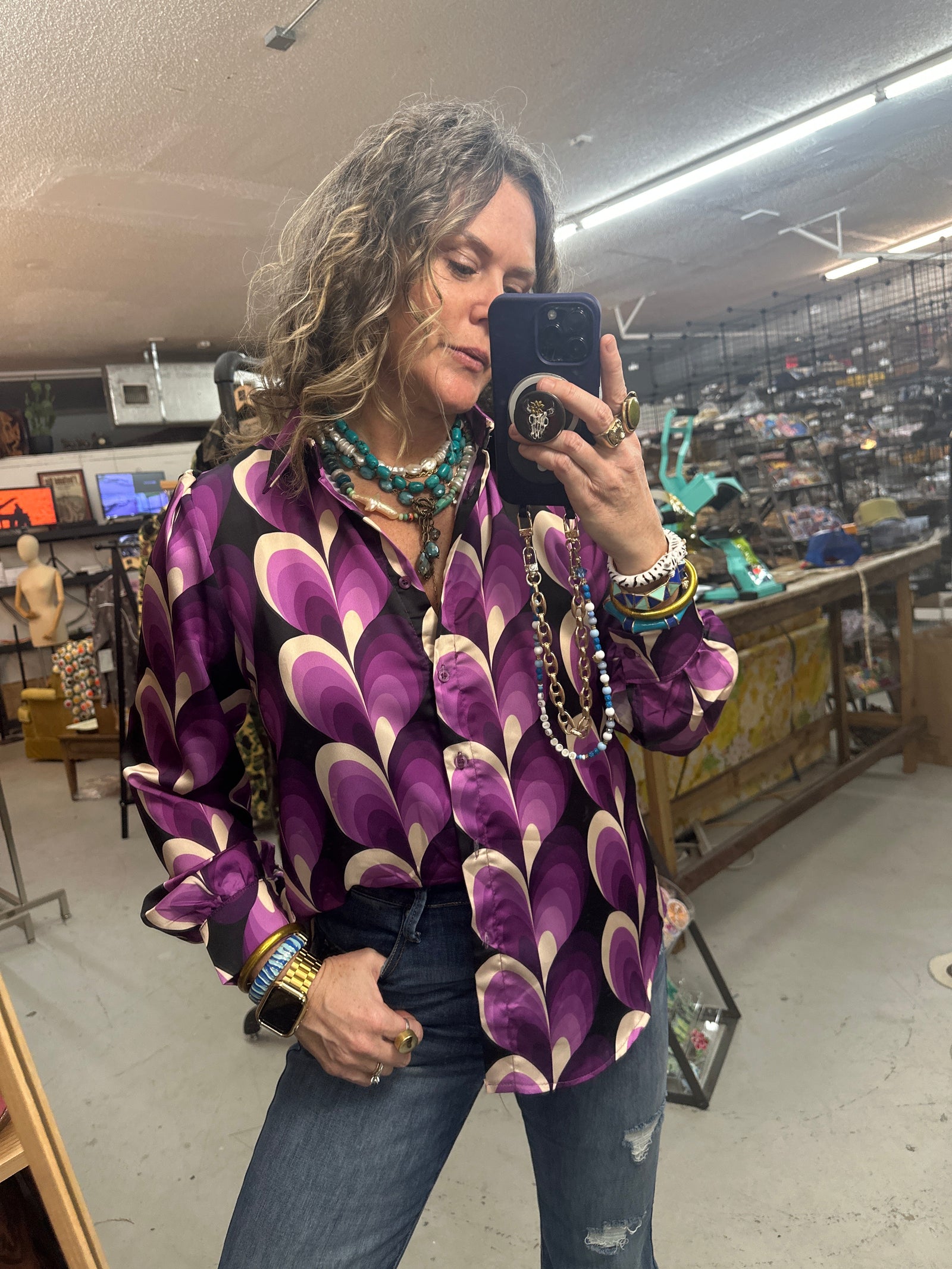 In Another Dimension Retro Heart Print Button Up Satin Blouse