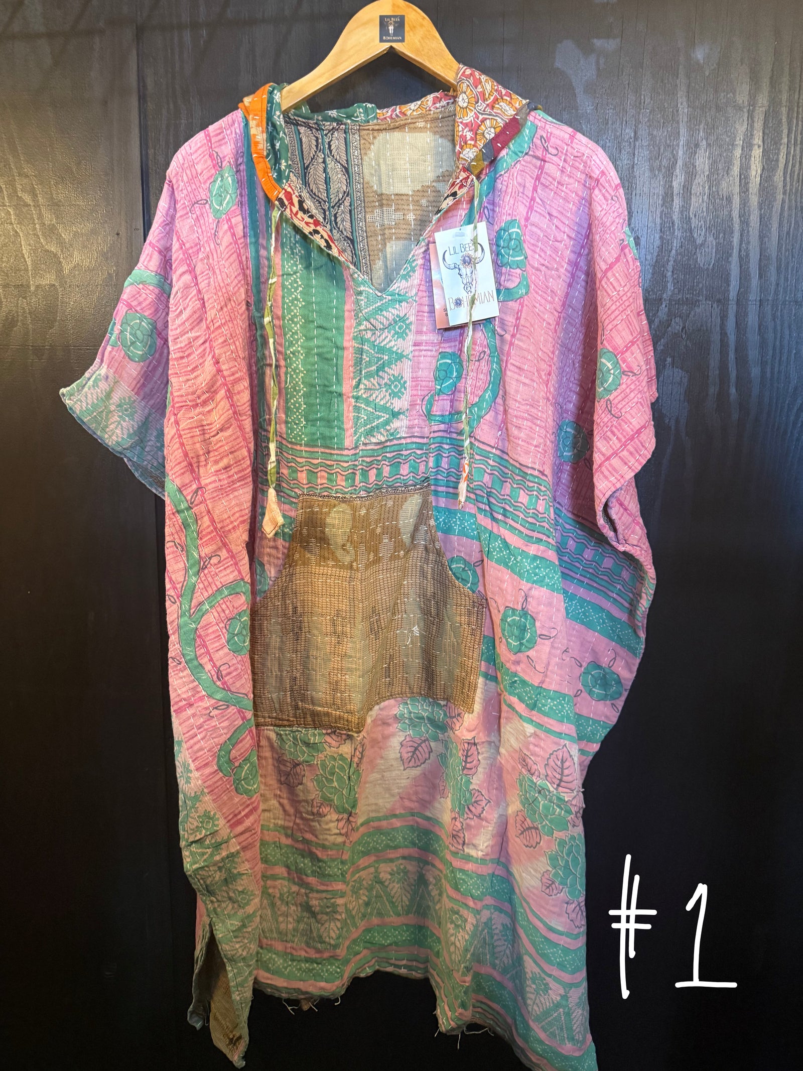 Eyes Of The World Handmade Reversible Kantha Quilt Poncho with Hoodie