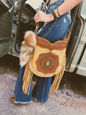 Smooth Buckskin Leather Fringe Cross Body Purse w/ Tooled Leather Trim - Queen Bee's Closet