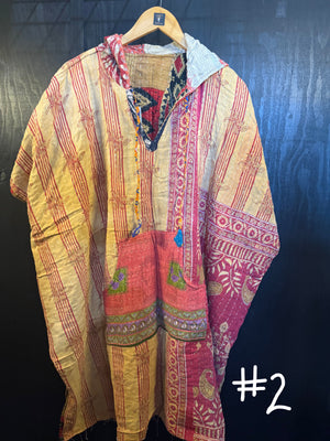 Eyes Of The World Handmade Reversible Kantha Quilt Poncho with Hoodie
