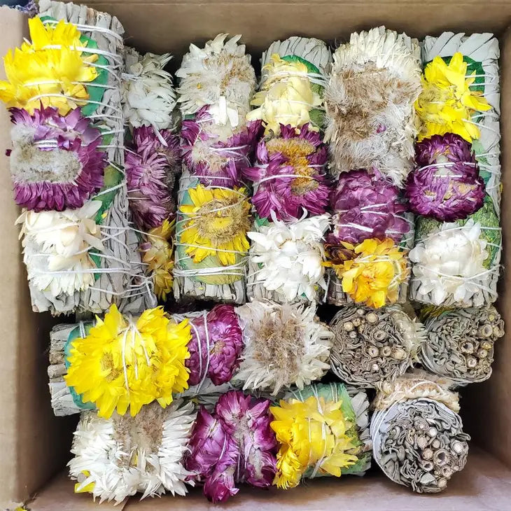 White Sage, Green Rose Petals, & Colorful Paper Flowers Smudge Stick