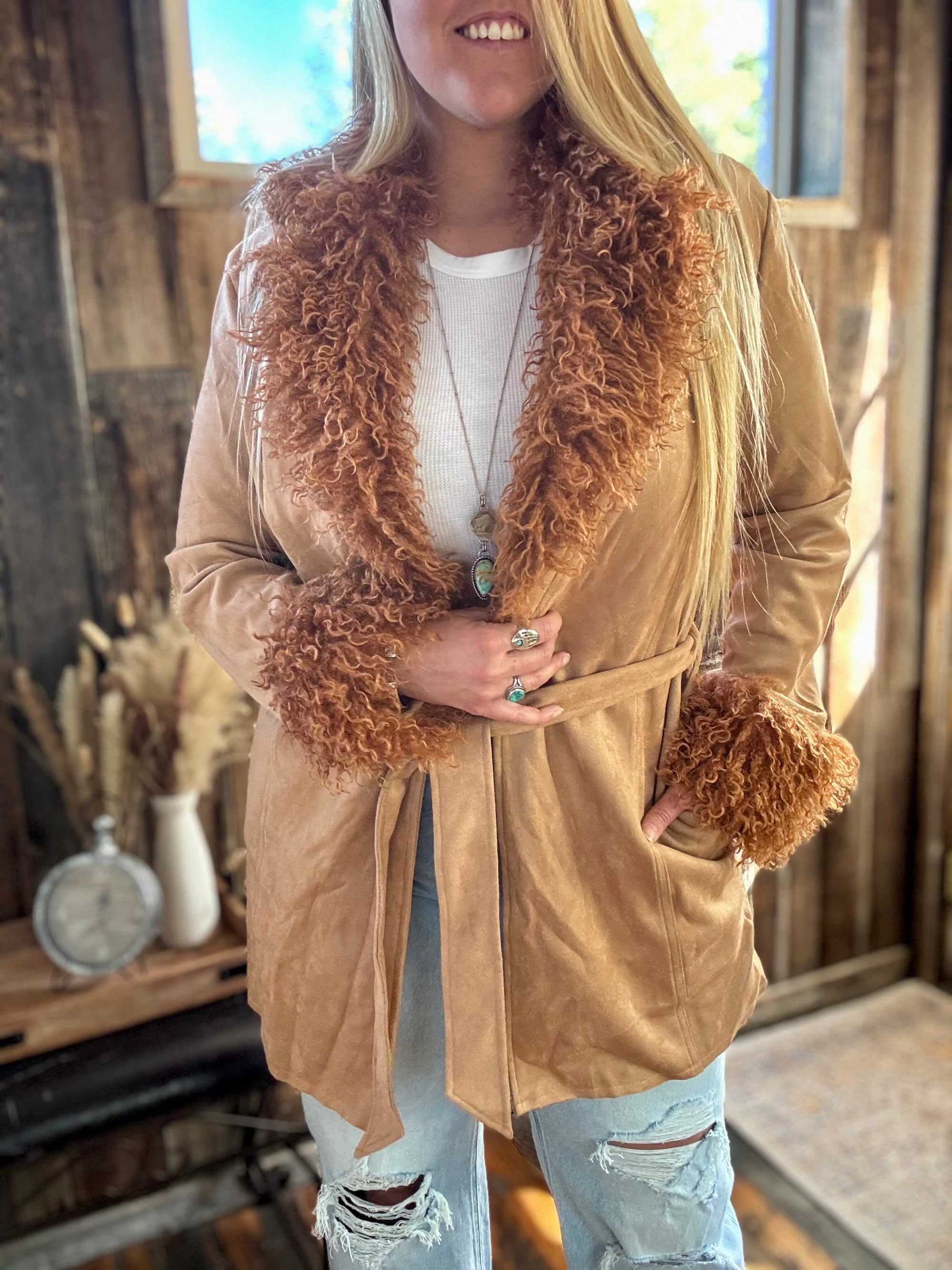 Penny Lane Almost Famous Shaggy Fur Trim Suede Jacket